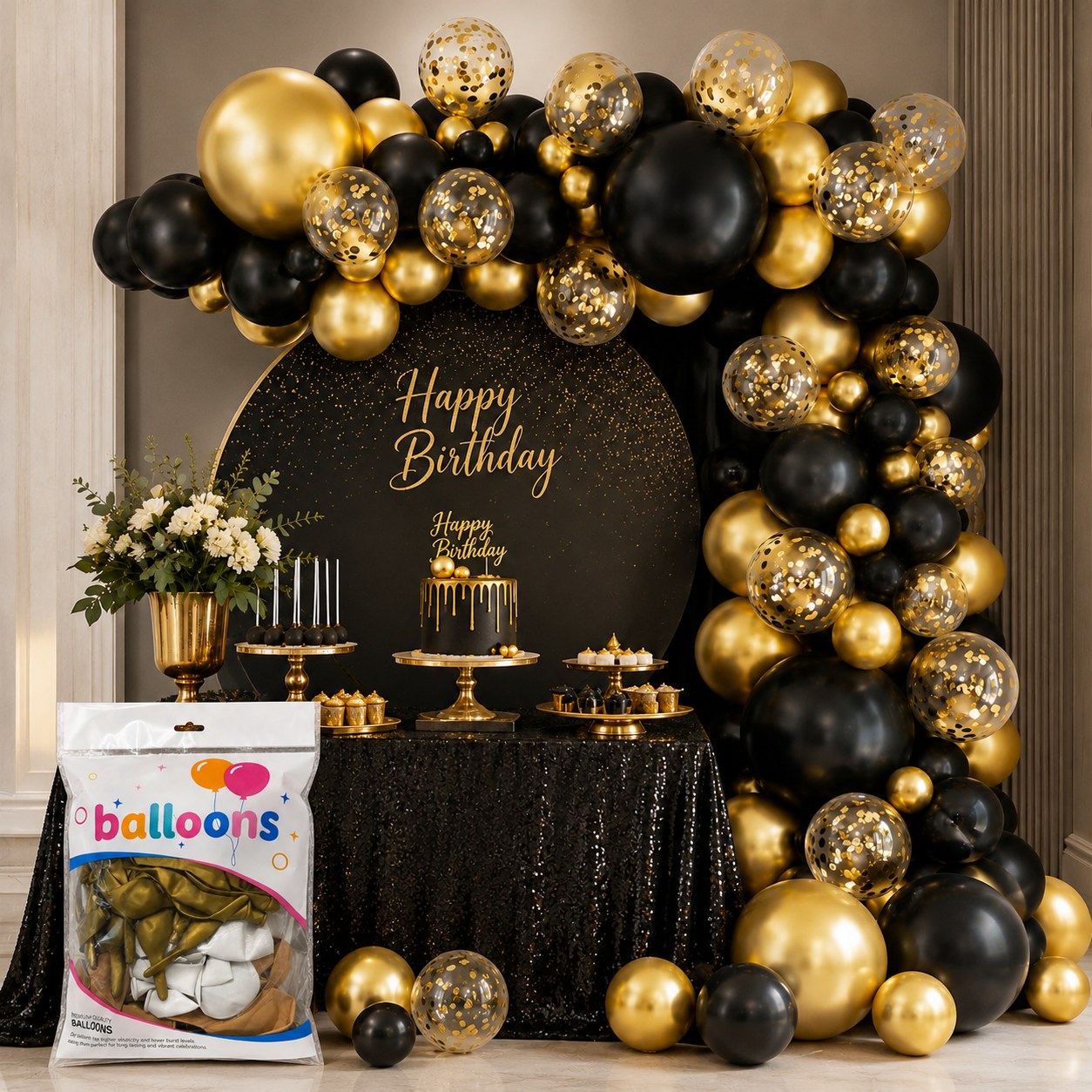 Black and gold balloon kit included pieces