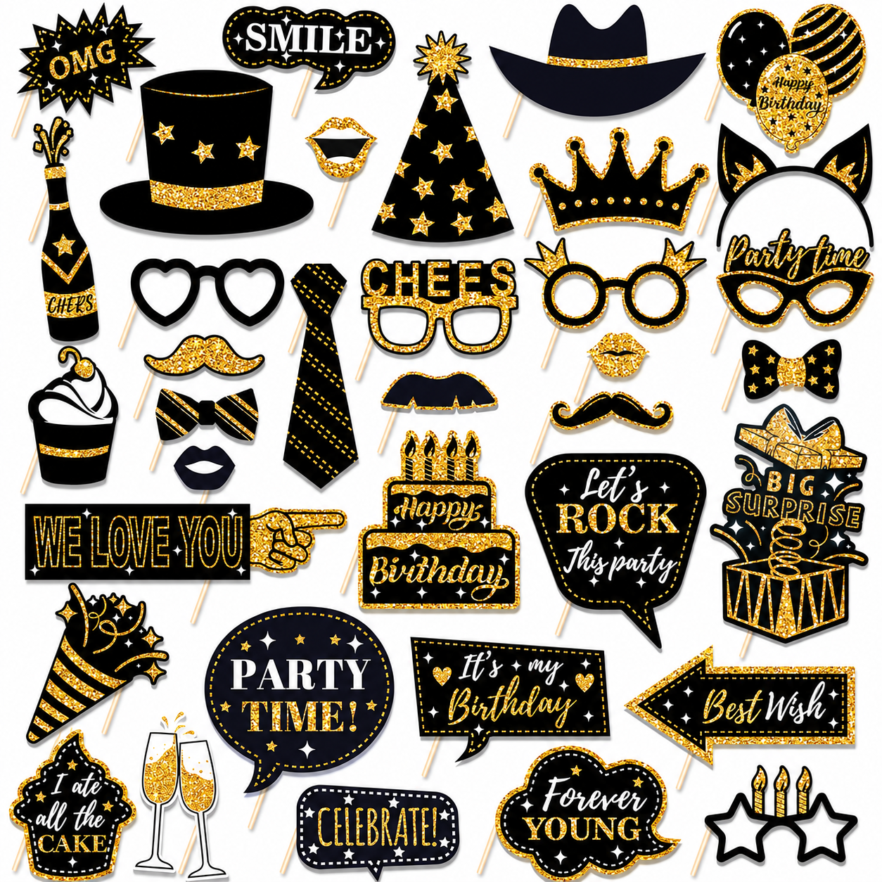 Black & Gold Birthday Photo Booth Props Kit