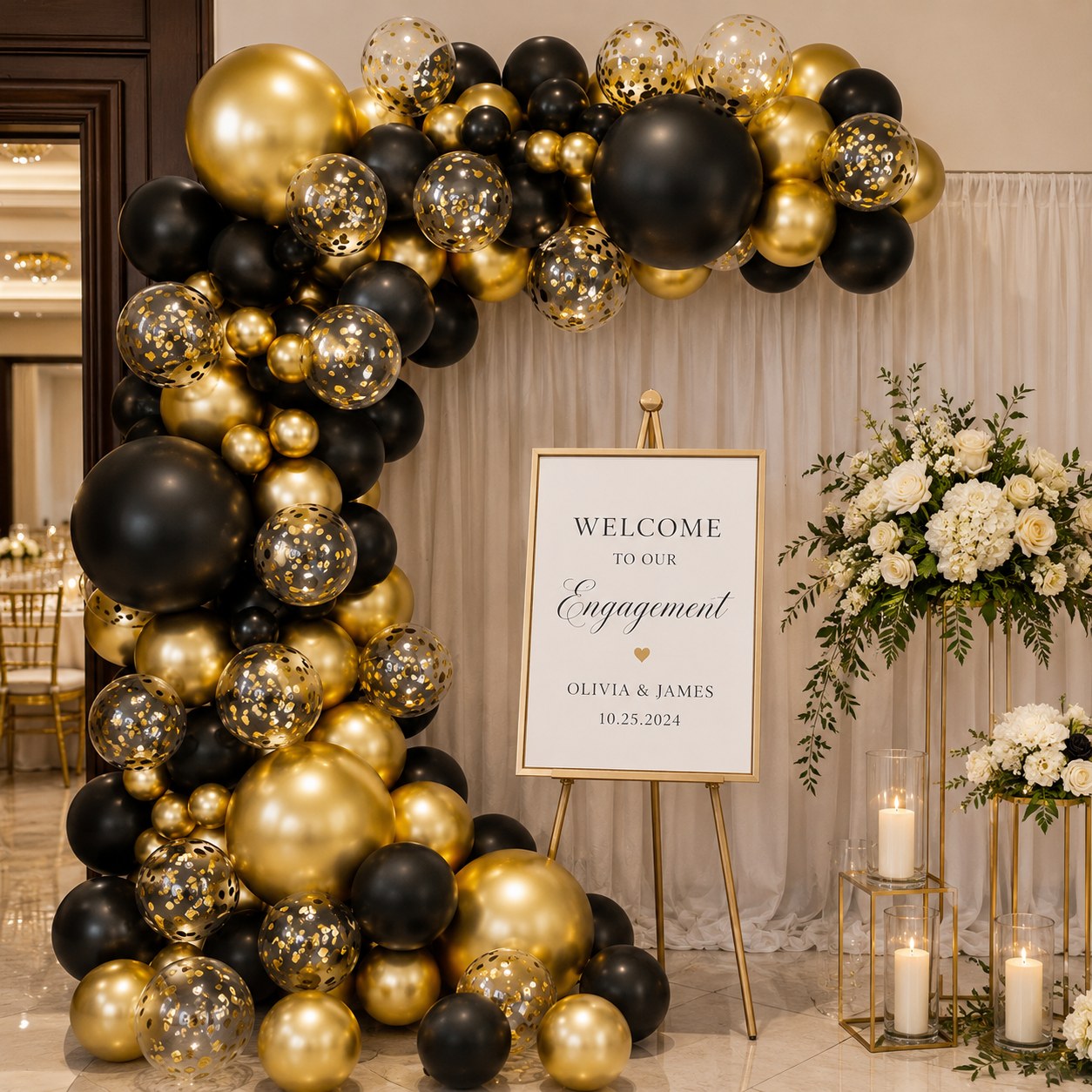 Black and gold balloon arch party scene