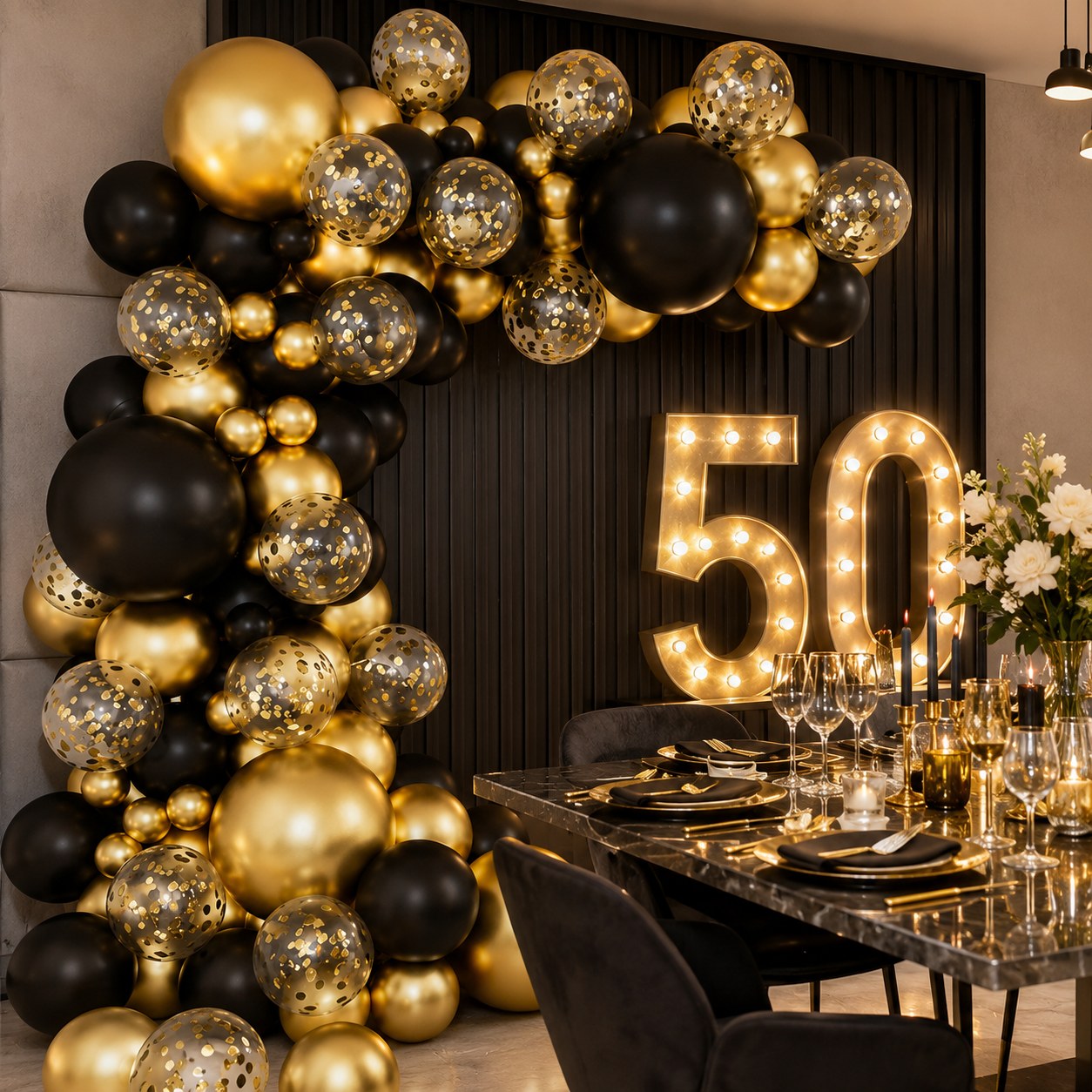 Black and gold balloon arch dinner scene
