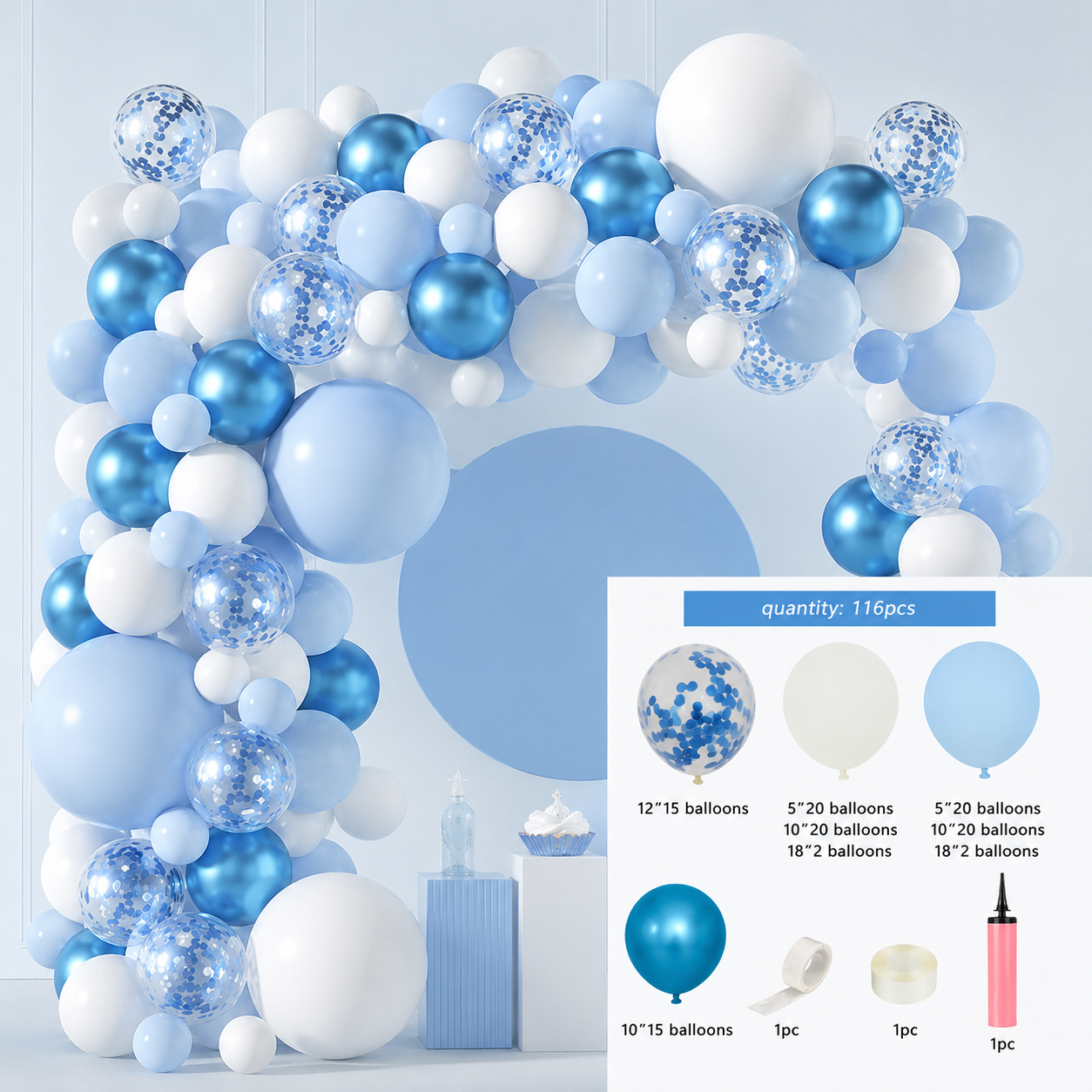 Blue and white balloon garland kit includes