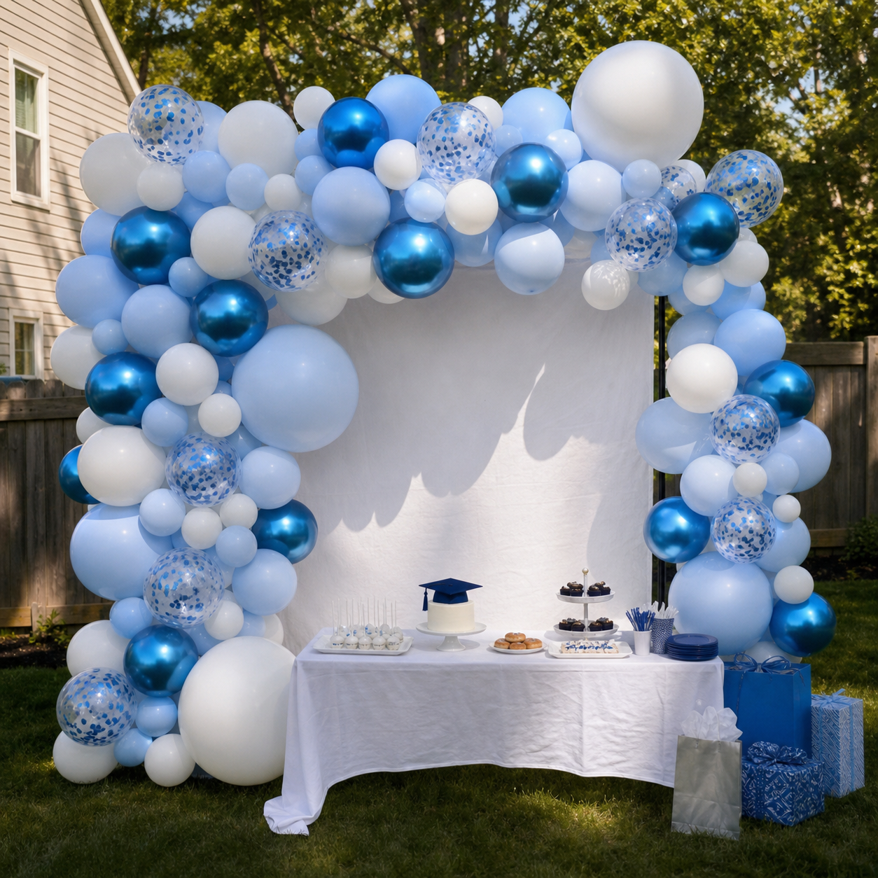 Blue and white balloon garland outdoor graduation scene