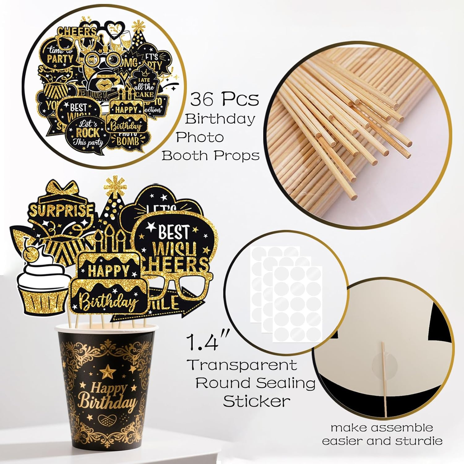 Black and gold photo booth props size and details