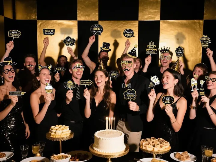 Friends celebrating at a dinner party with photo booth props