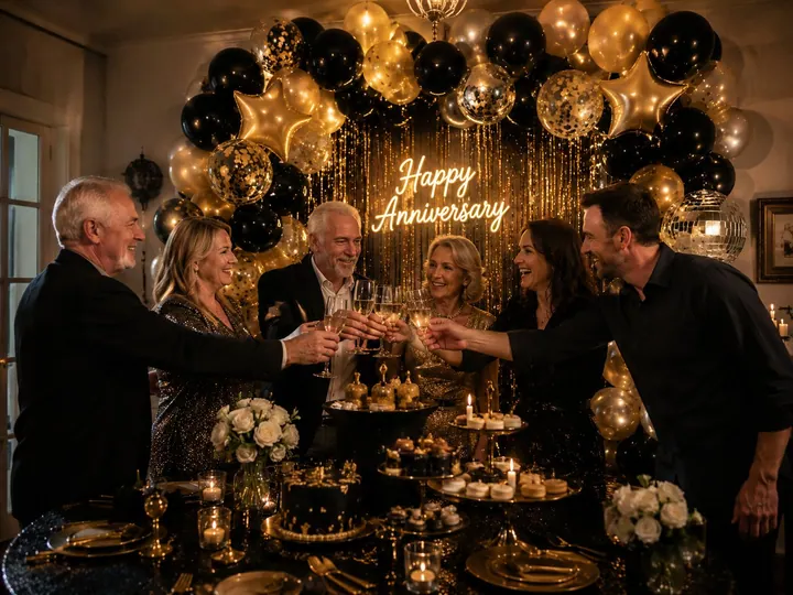 Family celebrating an anniversary beside a balloon arch