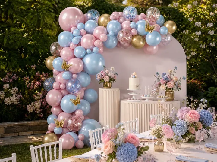 Pink blue and gold balloon arch at a birthday party