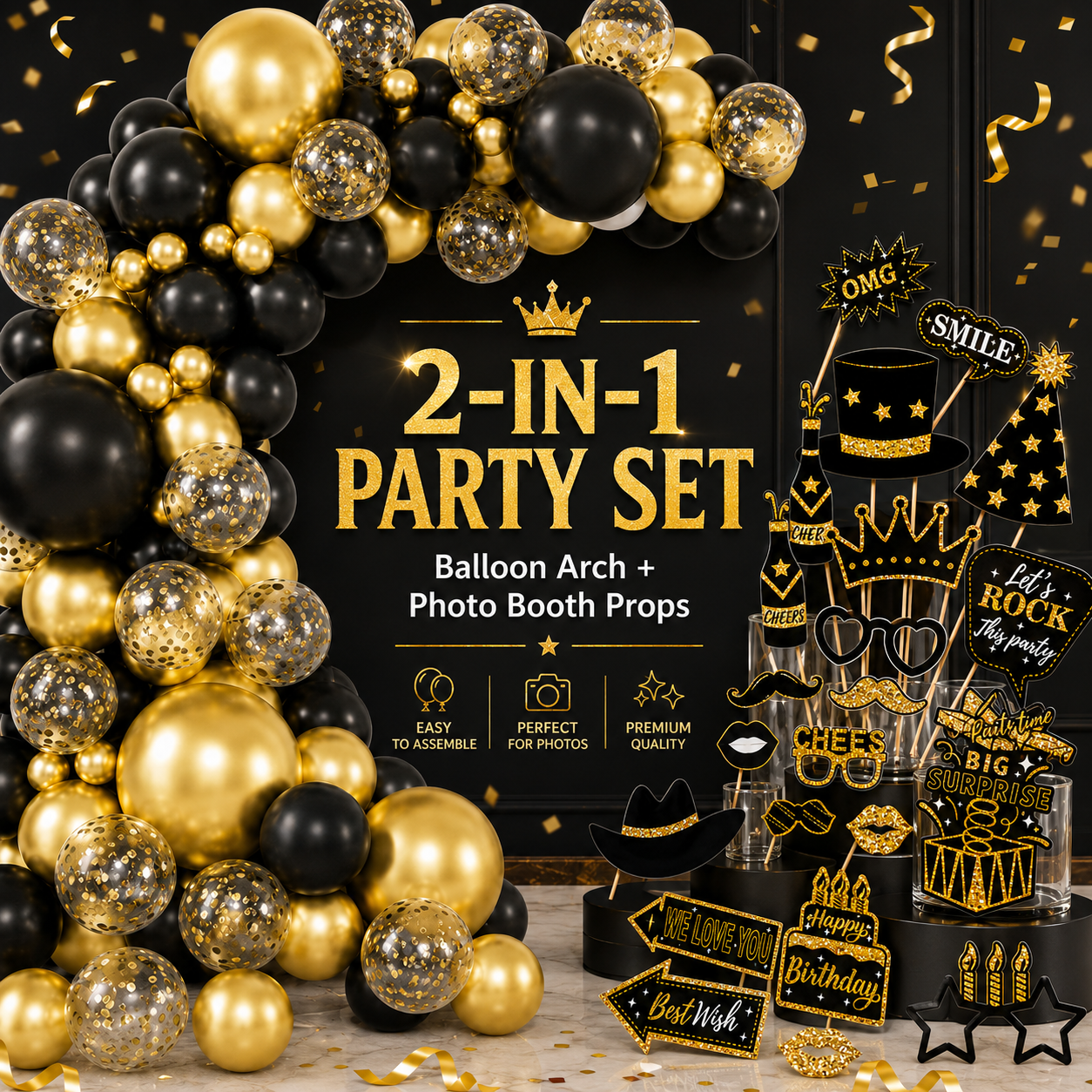 Black and gold balloon arch and photo booth props scene