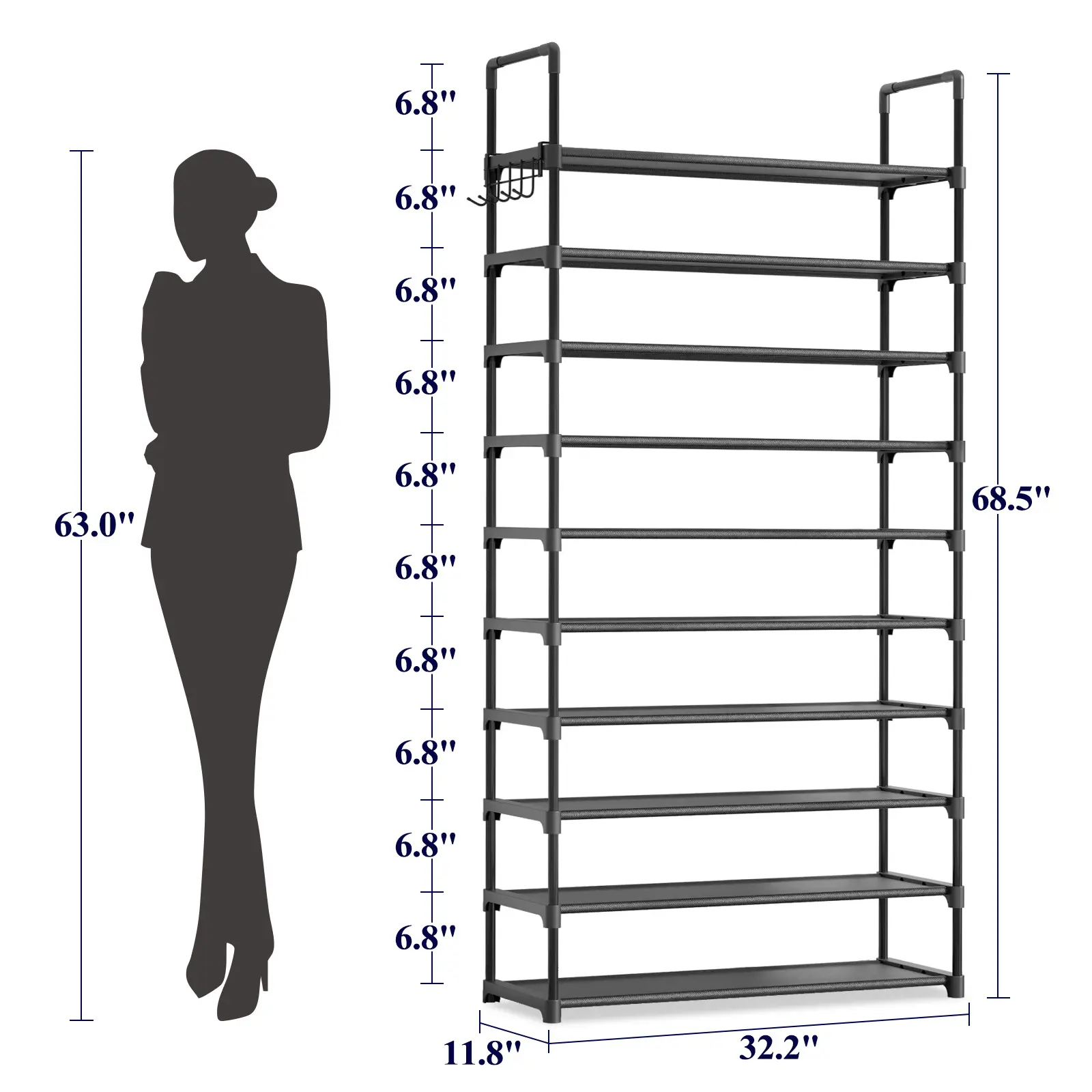 Black 10-tier shoe rack with side handles and labeled dimensions