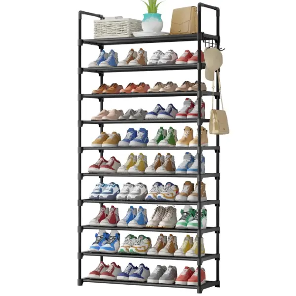 Black 10-tier rack organized with shoes, baskets, a plant, and hanging accessories