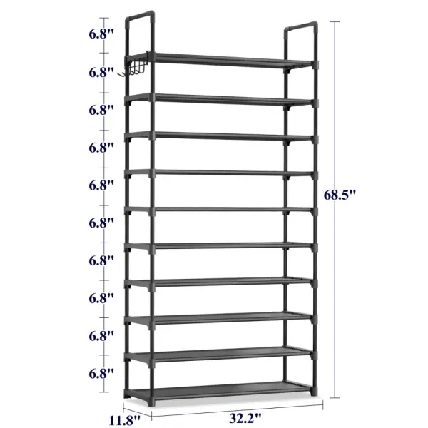 Front view size guide for the black 10-tier shoe rack