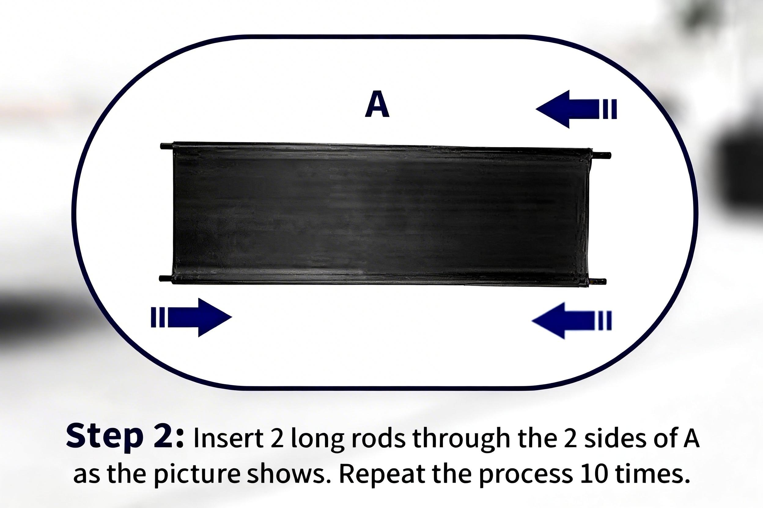 Step two threading two long rods through the sides of a black shelf panel
