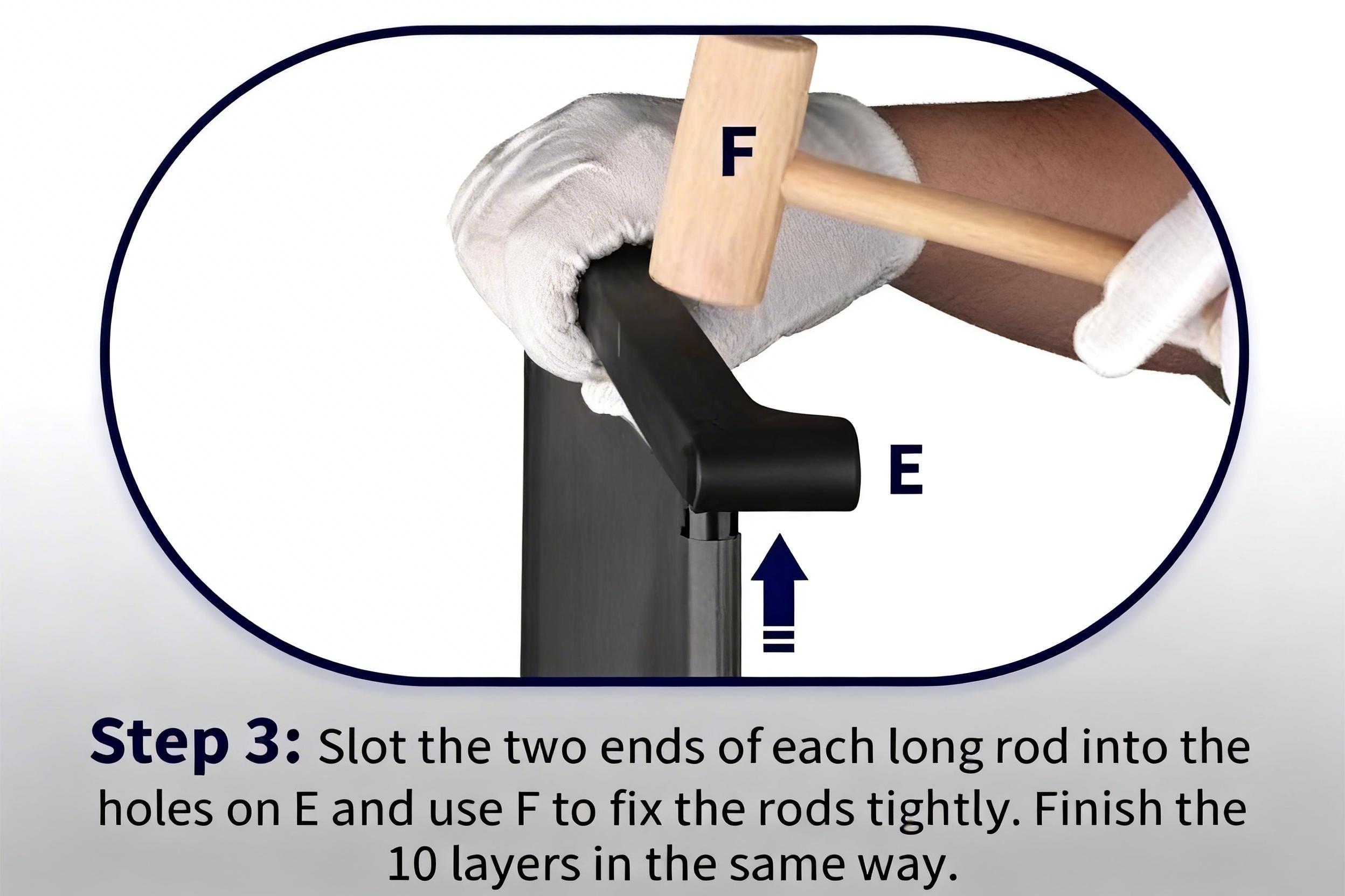 Step three fitting the shelf rods into side connector pieces