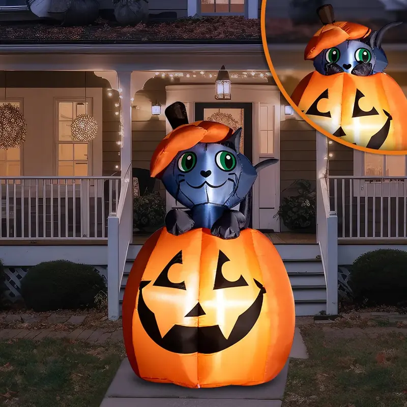 Cat on pumpkin inflatable glowing on a porch at night