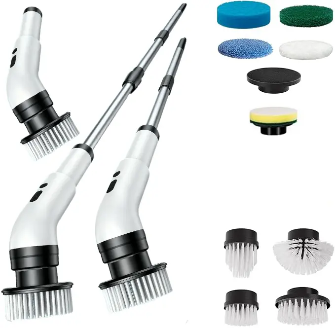 White cordless electric spin scrubber with extendable handles and interchangeable cleaning attachments