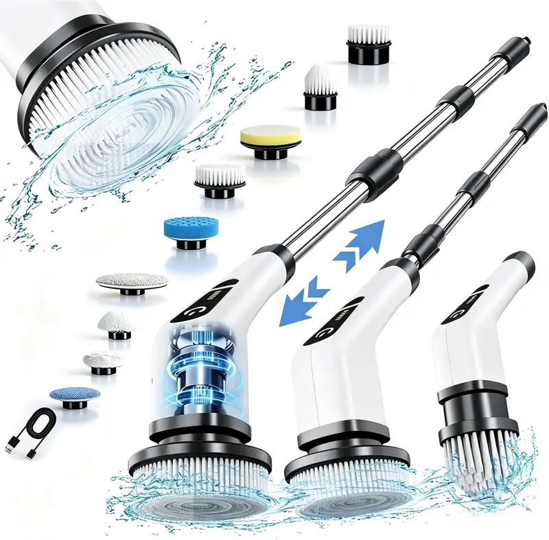 Electric spin scrubber shown in handheld and extended configurations with attachments