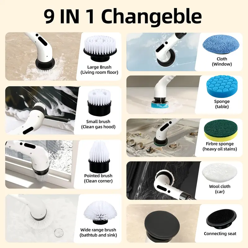 Cleaning attachment guide showing brushes and pads used on household surfaces