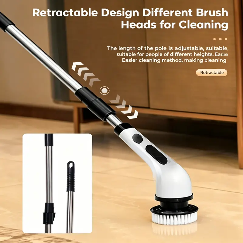 Close view of the retractable metal handle on the white spin scrubber