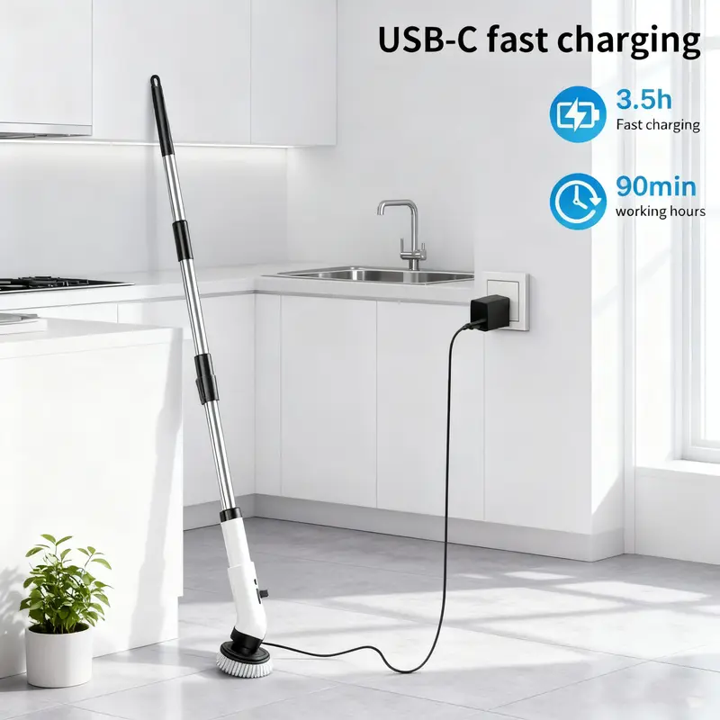 Cordless electric spin scrubber connected to a USB-C charging cable in a kitchen