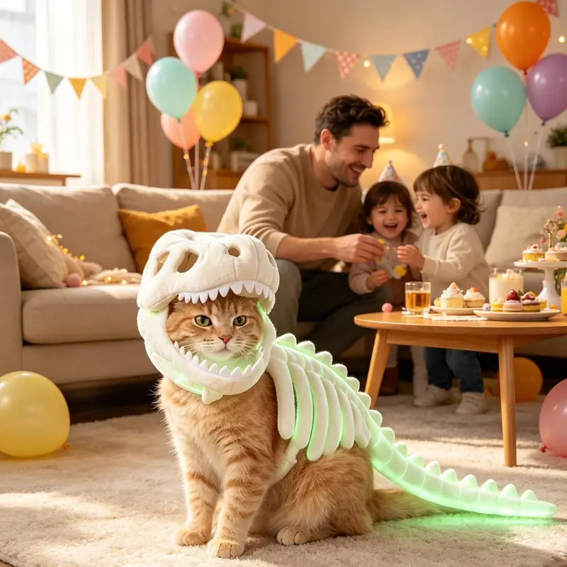 Cat wearing a white dinosaur skeleton plush costume at a birthday party