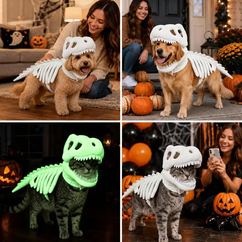Cats and dogs wearing the dinosaur skeleton costume in Halloween scenes