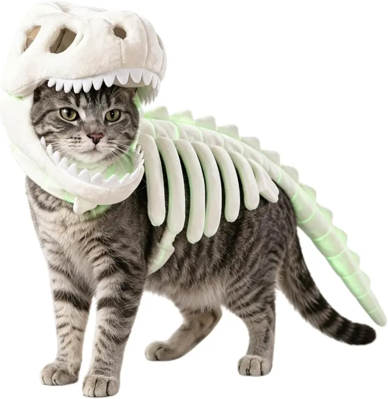 Cat wearing the white dinosaur skeleton costume on a white background