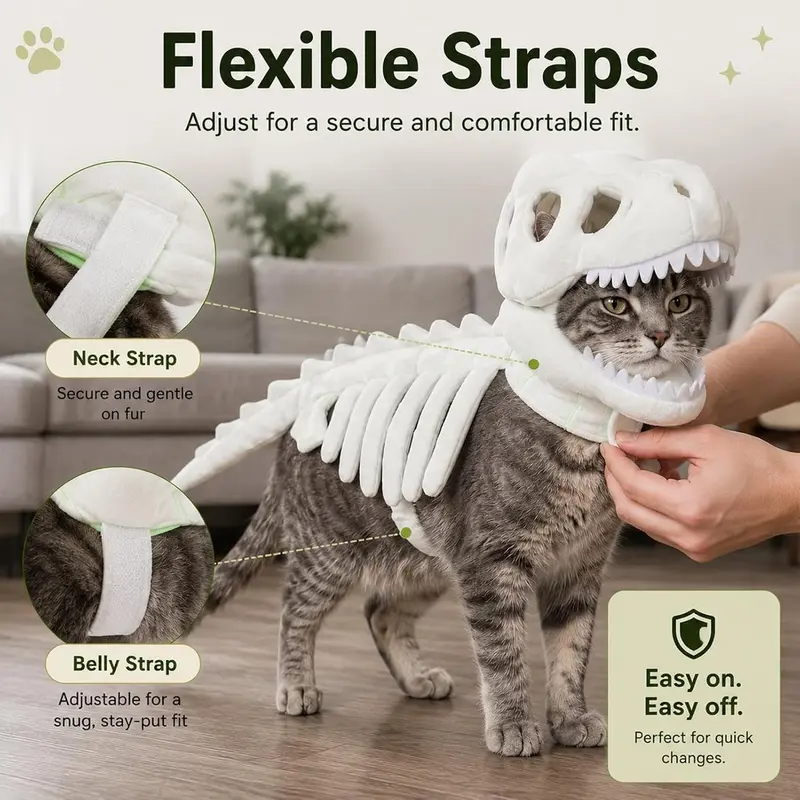 Adjustable neck and belly straps on the pet costume