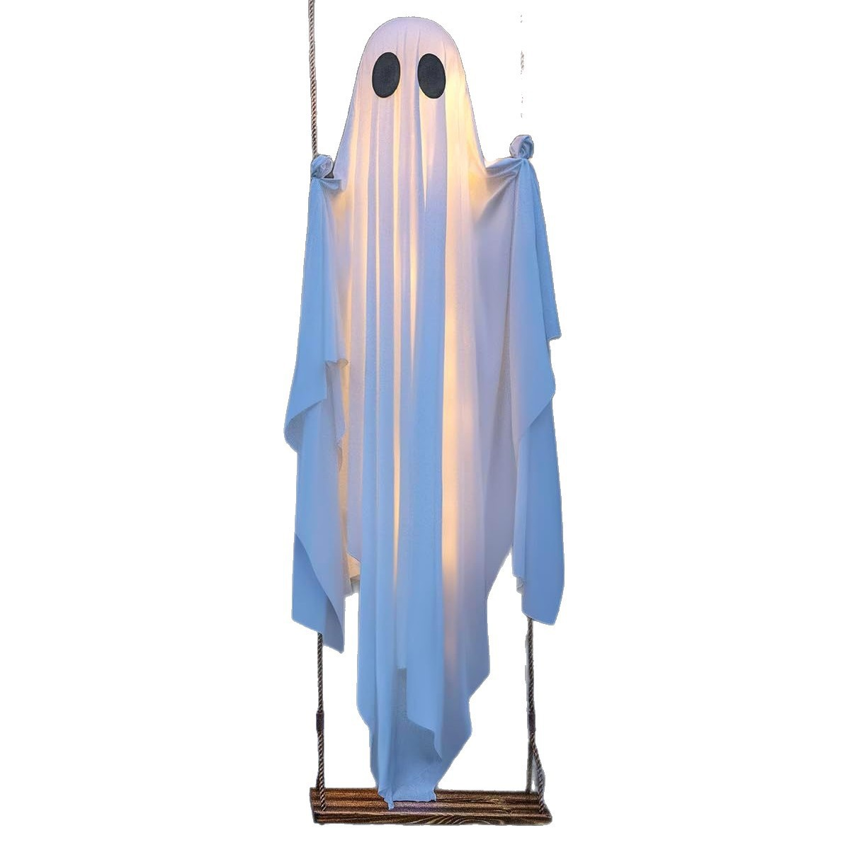 White glowing Halloween ghost hanging above a wooden swing