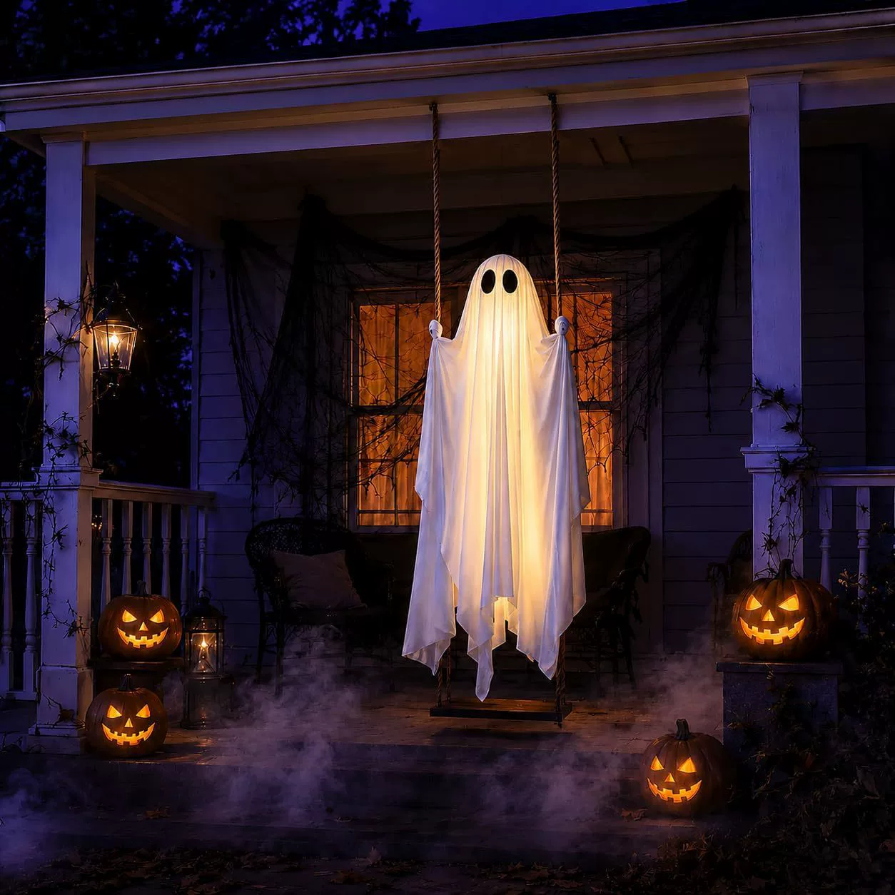 Glowing swing ghost in a decorated Halloween porch scene
