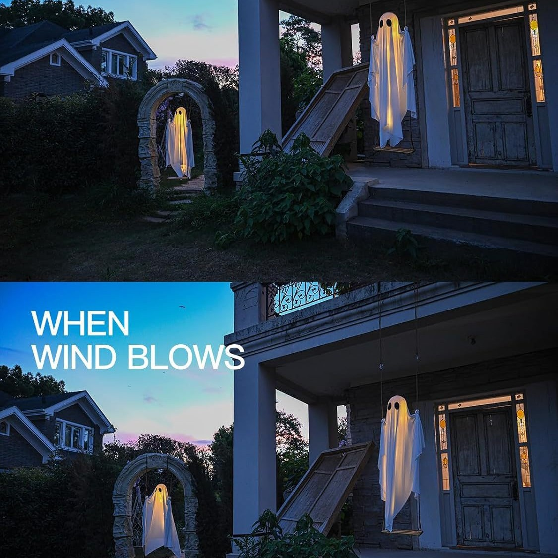 Outdoor collage of a glowing swing ghost at dusk and night