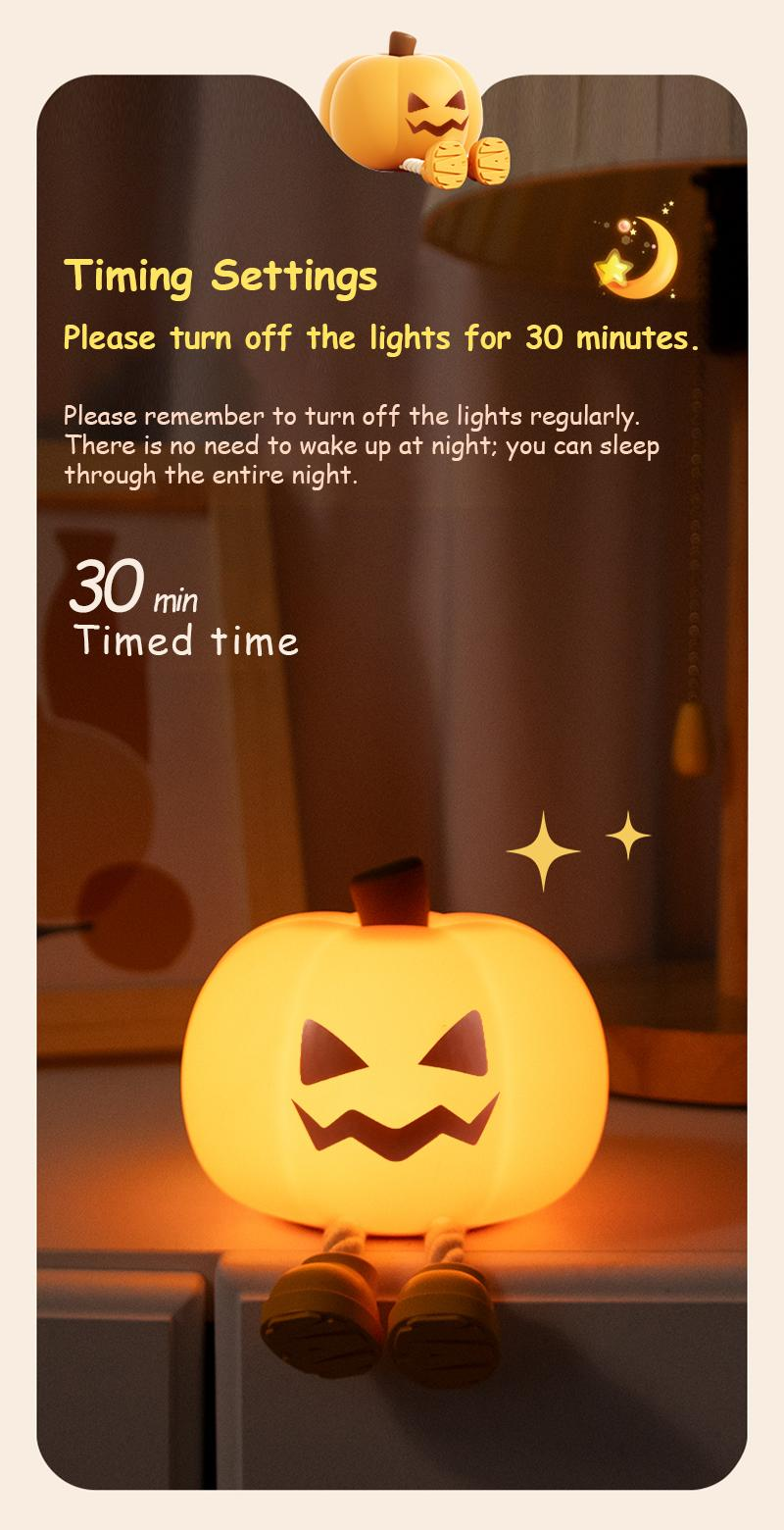 Glowing pumpkin lamp demonstrating the 30-minute automatic shutoff
