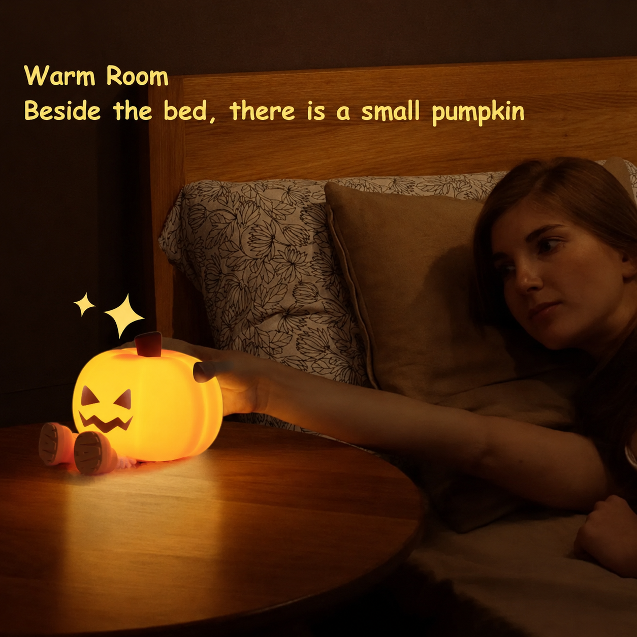 Glowing Halloween pumpkin lamp used as a bedside night light