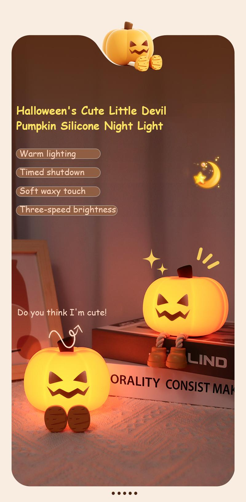 Glowing seated pumpkin silicone night light with warm light, timer, and three brightness levels