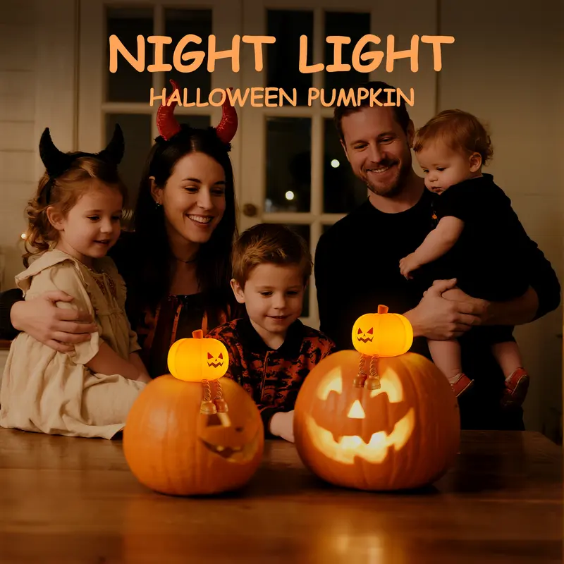 Glowing Halloween pumpkin lamps in a family Halloween scene