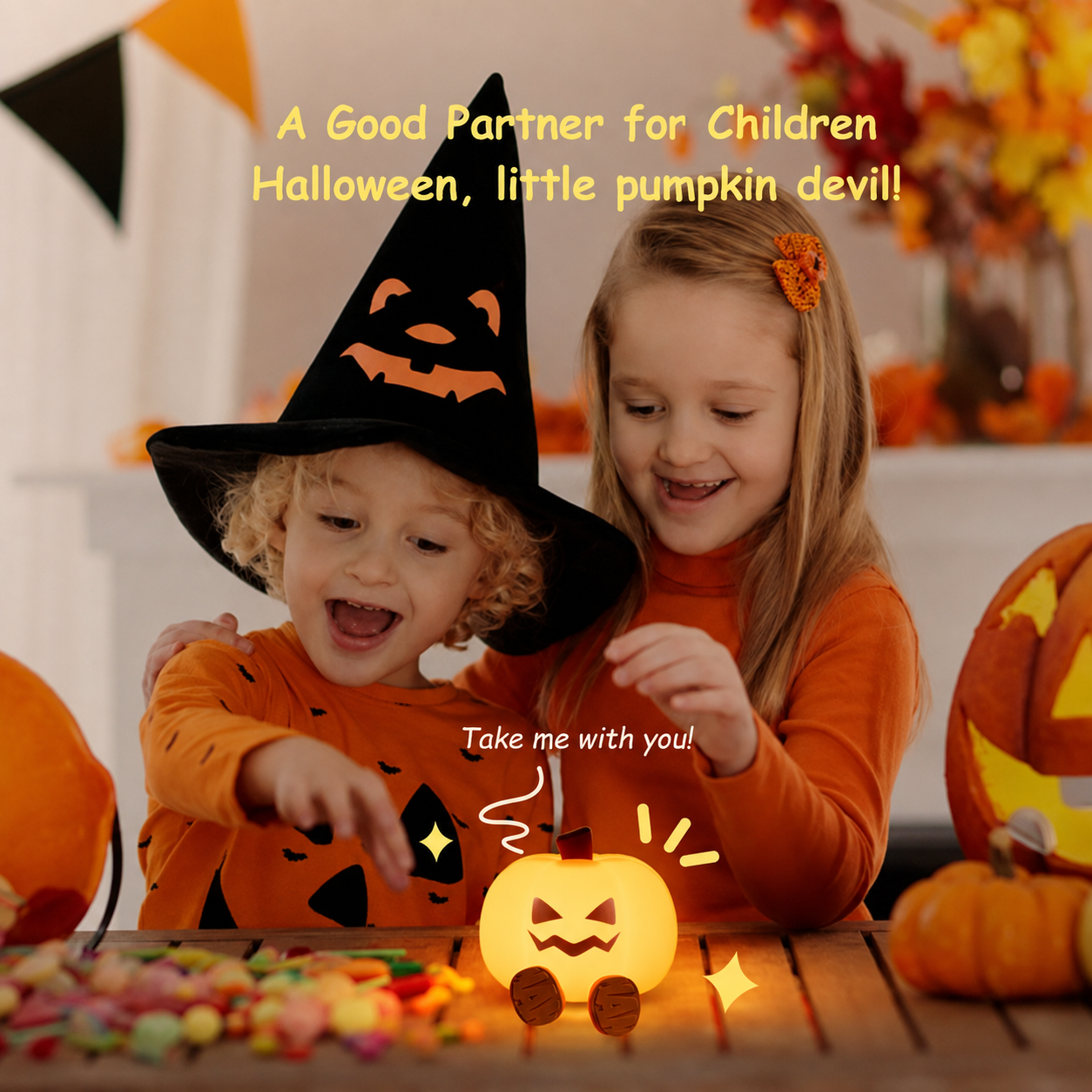 Children playing beside a glowing Halloween pumpkin lamp