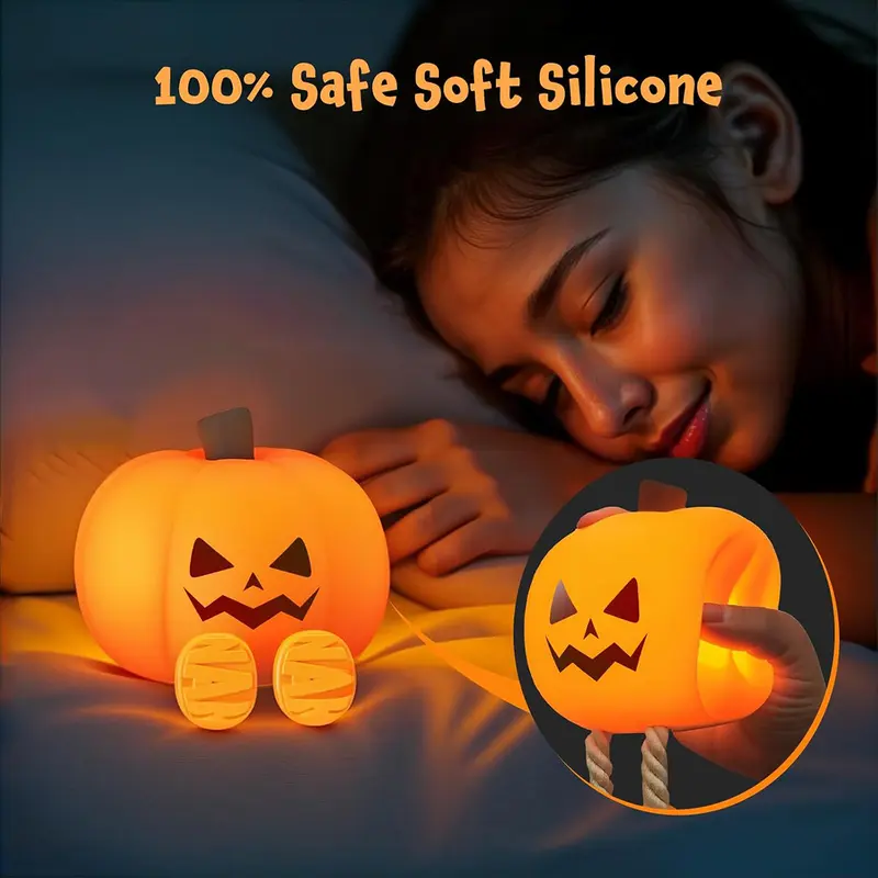 Soft silicone Halloween pumpkin lamp used as a bedside night light