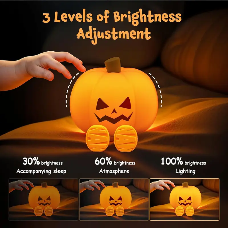 Halloween pumpkin lamp showing three adjustable brightness levels