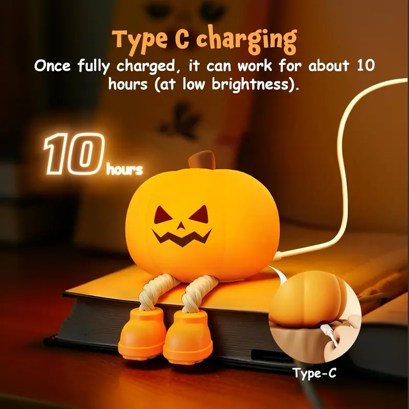 Rechargeable Halloween pumpkin lamp connected to a Type-C charging cable
