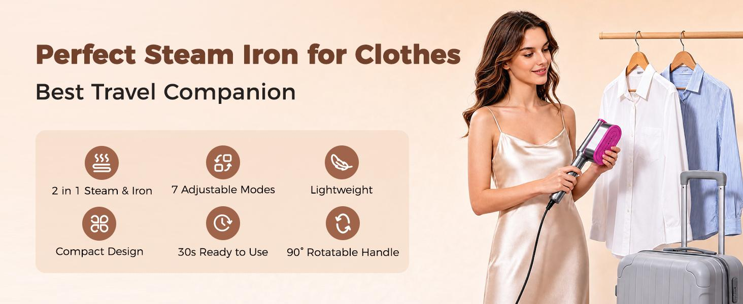 Overview of the 1200W 2-in-1 garment steamer, seven modes, rotating handle, and compact travel design