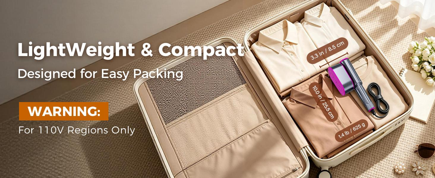 Compact garment steamer packed in a suitcase with approximate dimensions, weight, and 110V warning