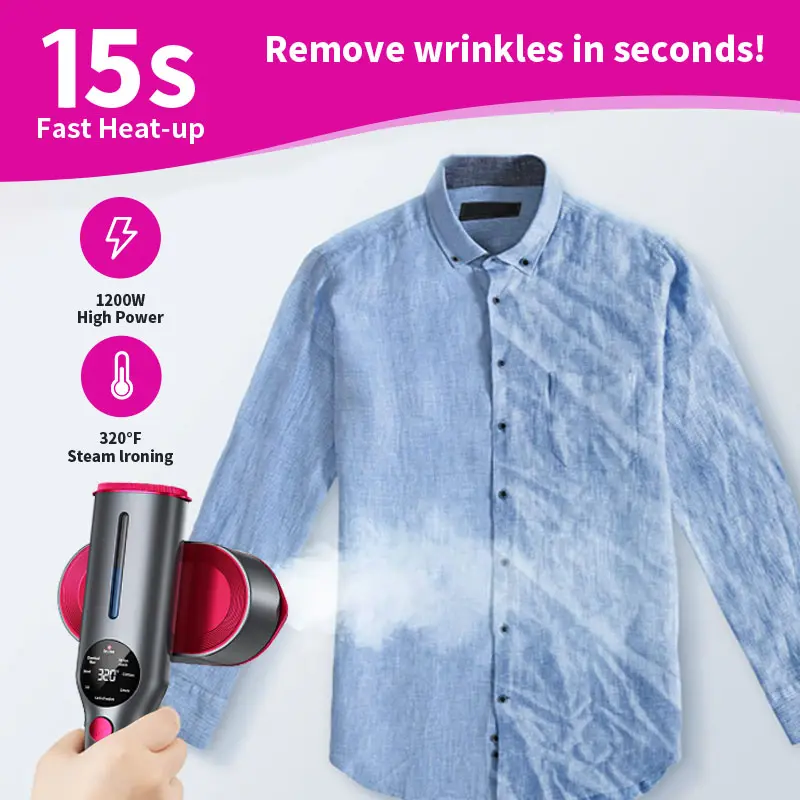 Garment steamer shown smoothing a blue shirt with a fast heat-up graphic