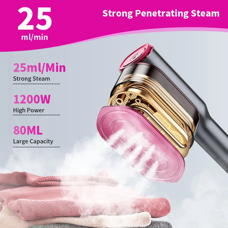 Strong steam output shown above folded garments