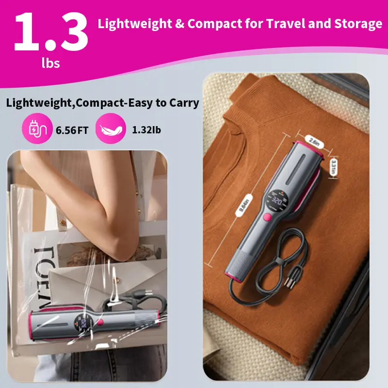 Lightweight compact garment steamer shown with measurements and cord