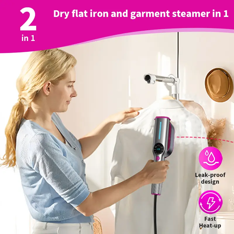 Garment steamer used vertically on a hanging white shirt