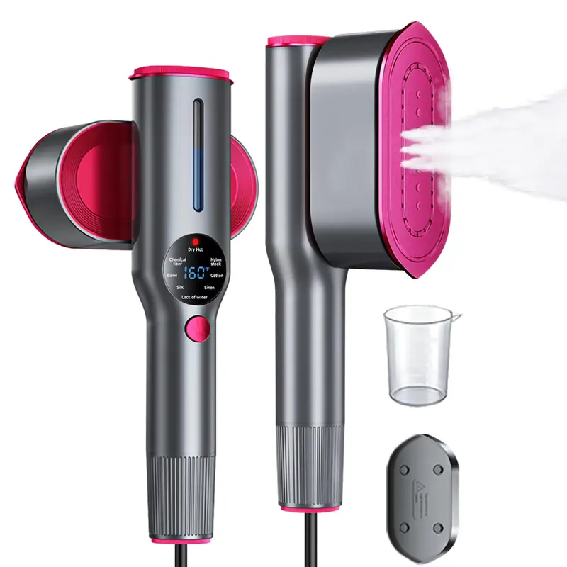 Magenta and gray 2-in-1 handheld garment steamer shown from the front and side