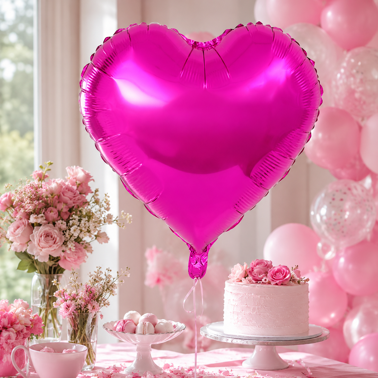 Hot pink metallic heart foil balloon in a party setting