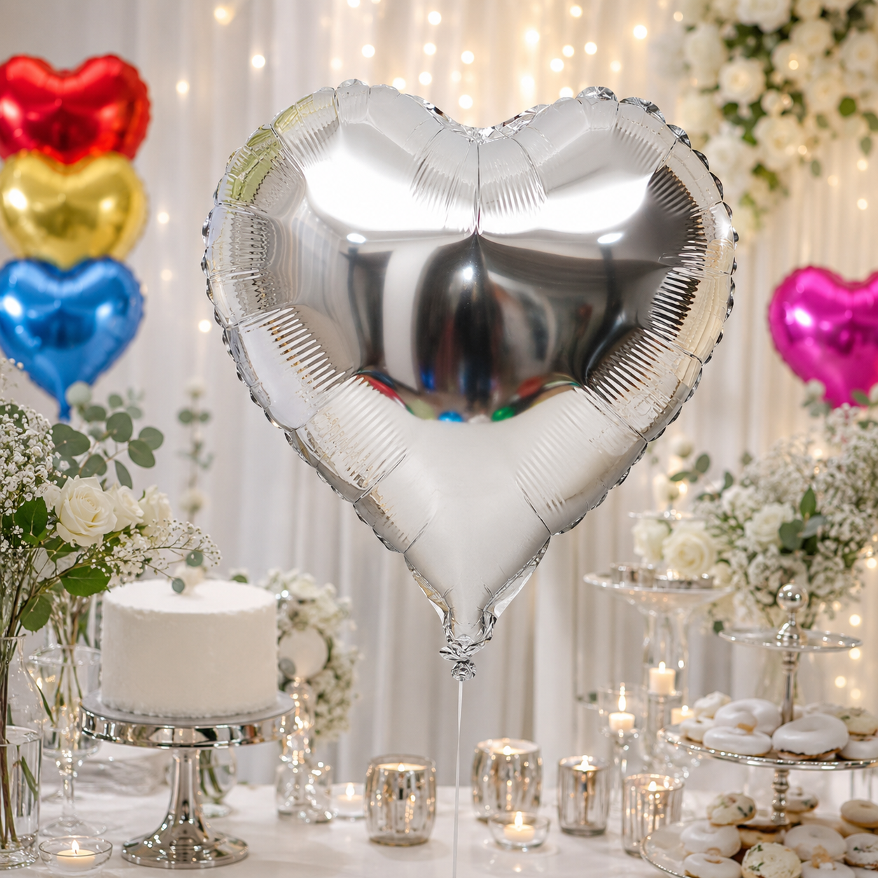 Silver metallic heart balloon in an elegant celebration setting