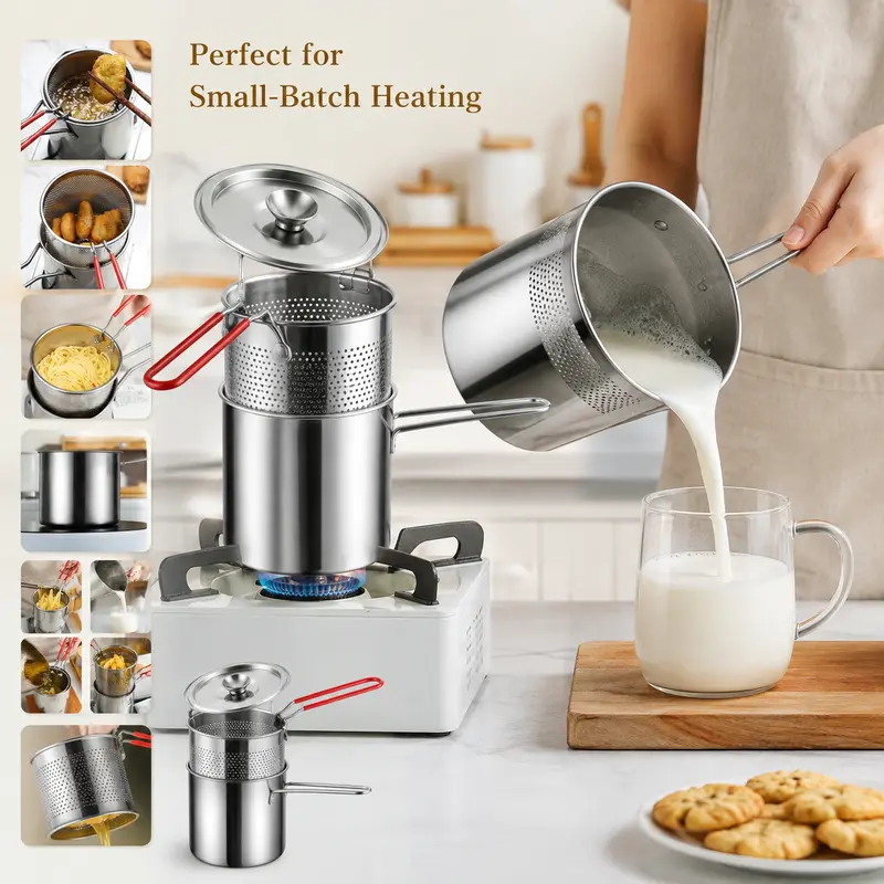 Stainless steel mini fryer pot with basket, lid, and pouring spout in a home kitchen