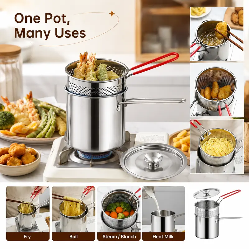 Mini fryer pot and basket shown with tempura, fries, noodles, vegetables, and milk