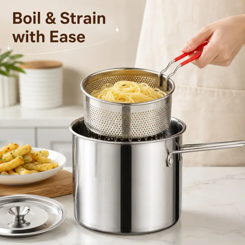 Perforated basket lifting cooked noodles from the stainless steel pot