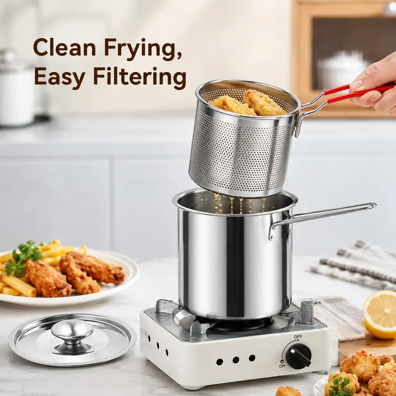 Basket draining fried chicken pieces over the mini fryer pot